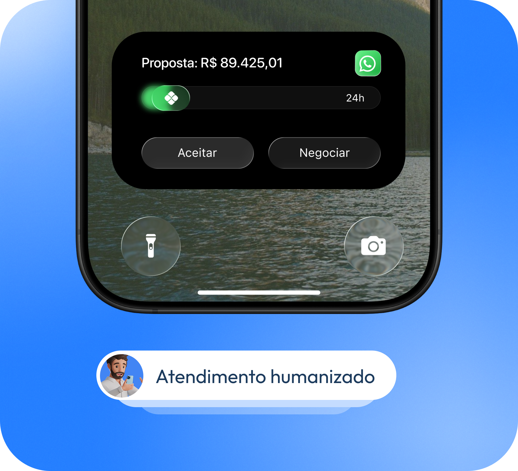 Celular mostra proposta de R$ 89.425,01 no WhatsApp com botões Aceitar e Negociar.
