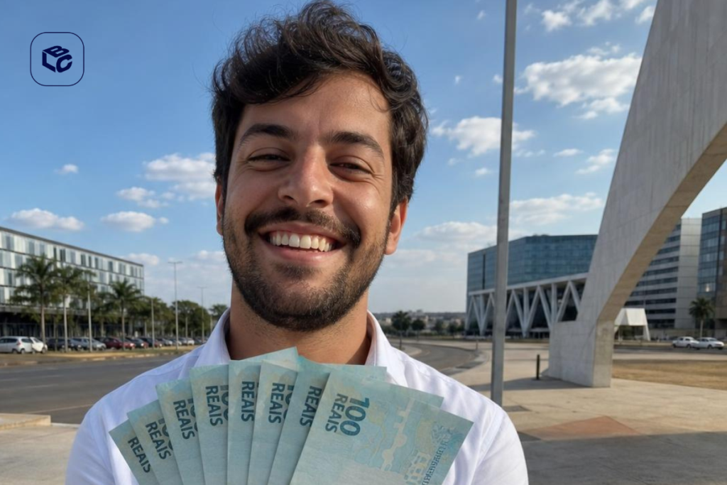 Homem sorridente exibe notas de 100 reais, possível referência a RPV TRF1 atrasada.