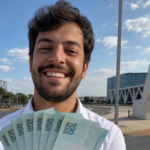 Homem sorridente exibe notas de 100 reais, possível referência a RPV TRF1 atrasada.
