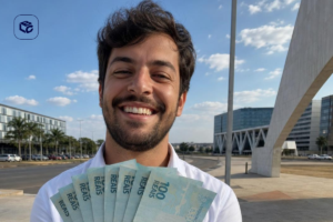 Homem sorridente exibe notas de 100 reais, possível referência a RPV TRF1 atrasada.