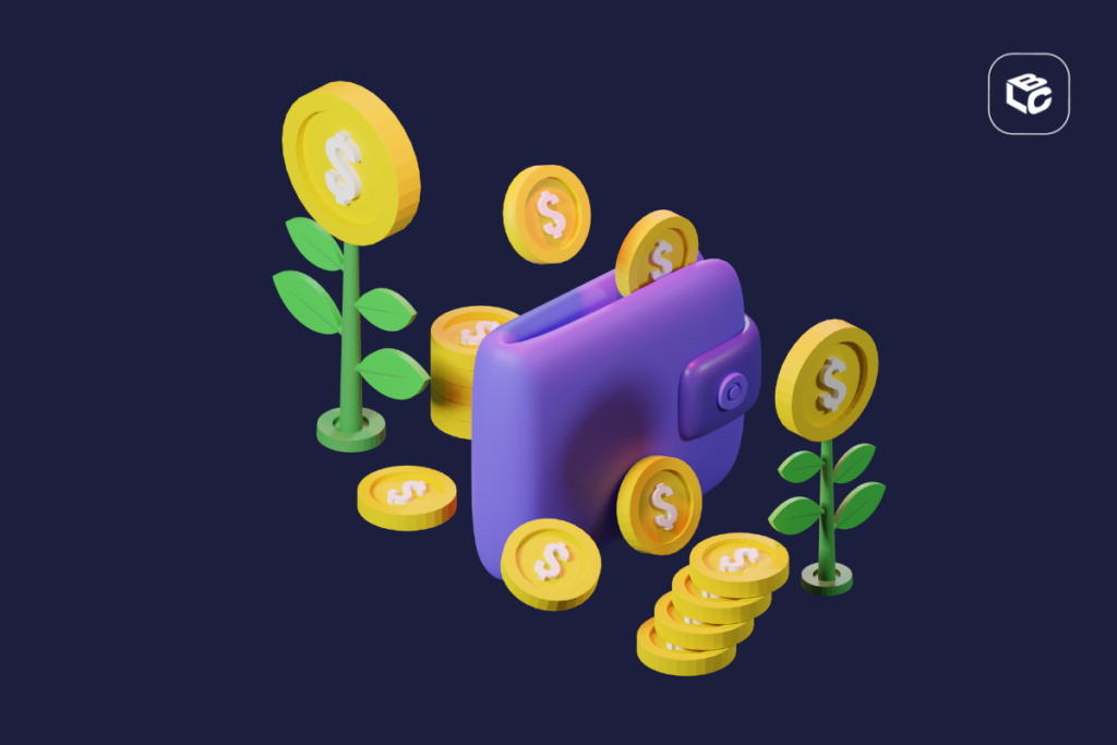Carteira roxa com moedas de dólar douradas crescendo em plantas, simbolizando crescimento financeiro.