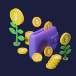 Carteira roxa com moedas de dólar douradas crescendo em plantas, simbolizando crescimento financeiro.