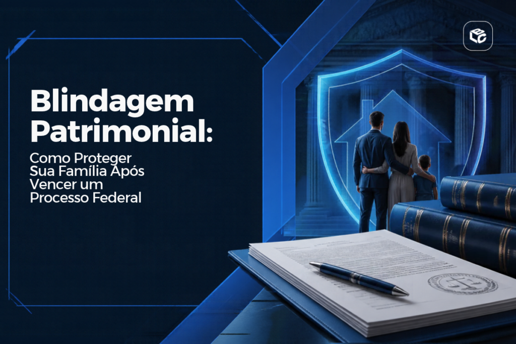 Banner em tons de azul escuro com temática jurídica e de proteção patrimonial. À esquerda, em destaque, aparece o texto: “Blindagem Patrimonial: Como Proteger Sua Família Após Vencer um Processo Federal”. No canto superior direito está o logotipo da marca.