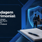 Banner em tons de azul escuro com temática jurídica e de proteção patrimonial. À esquerda, em destaque, aparece o texto: “Blindagem Patrimonial: Como Proteger Sua Família Após Vencer um Processo Federal”. No canto superior direito está o logotipo da marca.