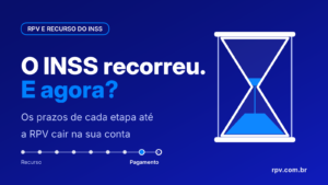 Banner informativo em fundo azul com o título “O INSS recorreu. E agora?”. O texto explica os prazos de cada etapa até o pagamento da RPV. À direita, há uma ilustração de ampulheta com areia azul simbolizando o tempo de espera. Na parte inferior, uma linha do tempo destaca o percurso entre recurso e pagamento. Logotipo “rpv.com.br” no canto inferior direito.